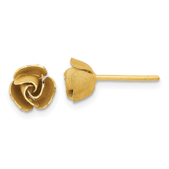 14k Yellow Gold Satin Finish D/C Rose Post Earrings - Picture 1 of 4